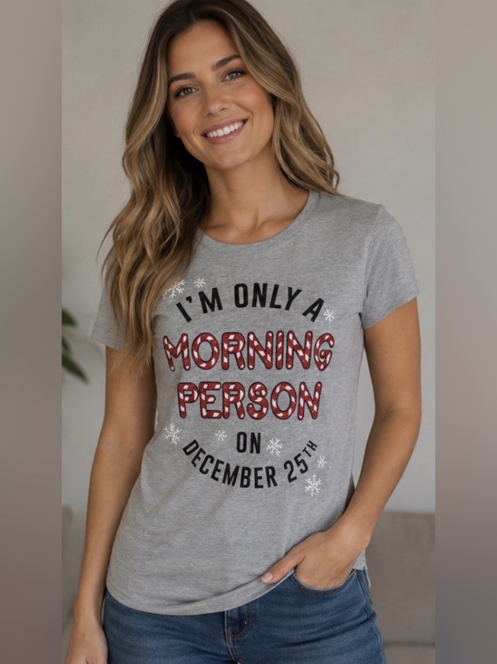 MORNING PERSON ON DECEMBER 25 HOLIDAY GRAPHIC T-SHIRT WITH GLITTER